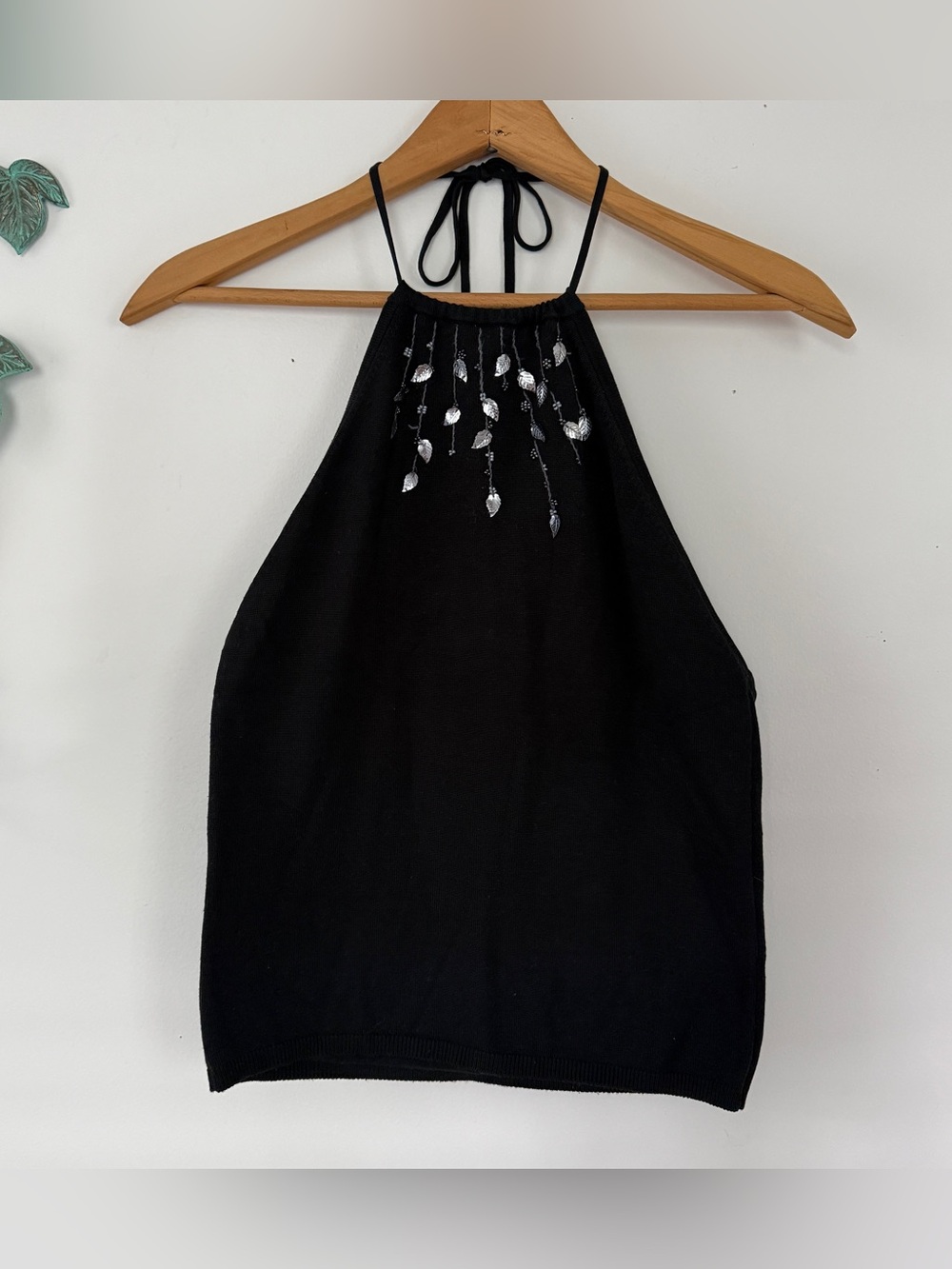 Vintage Y2K The Limited black silk silver leaf beaded halter top